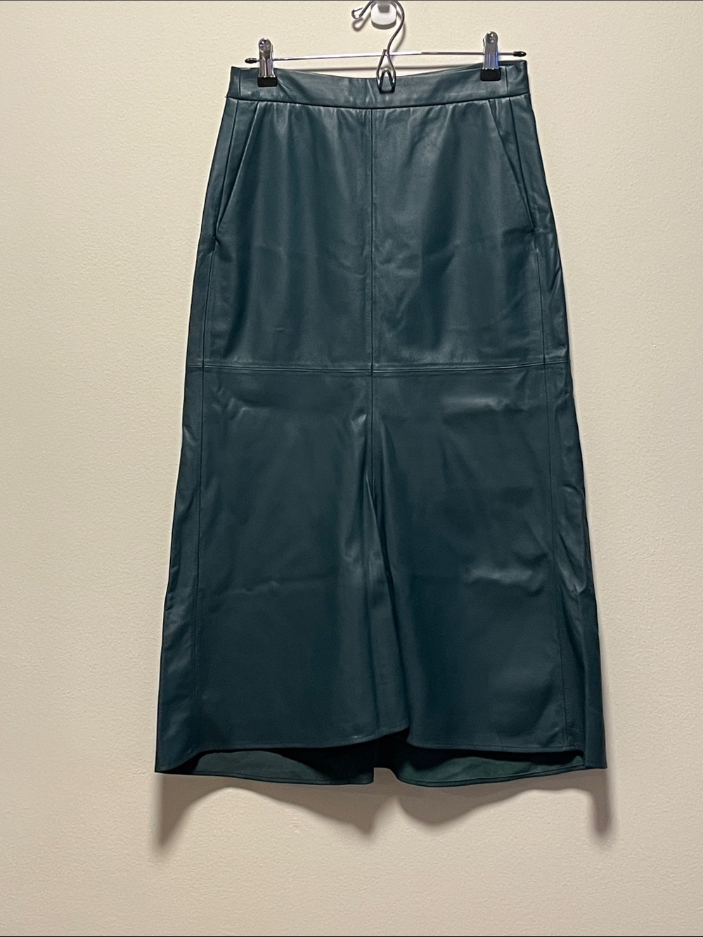 TIBI Green Lamb Leather Midi Skirt, Size 4